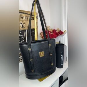 MCM Black Leather Bucket Tote